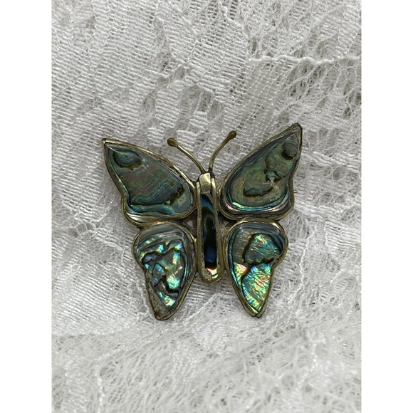 Antique Mexico Alpaca Silver Abalone Inlay Sterling Silver Butterfly Brooch - Picture 2 of 9